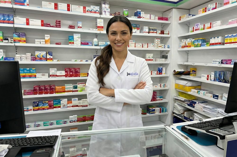 A Ju atrás do balcão de uma farmácia, entre as prateleiras de medicamentos
